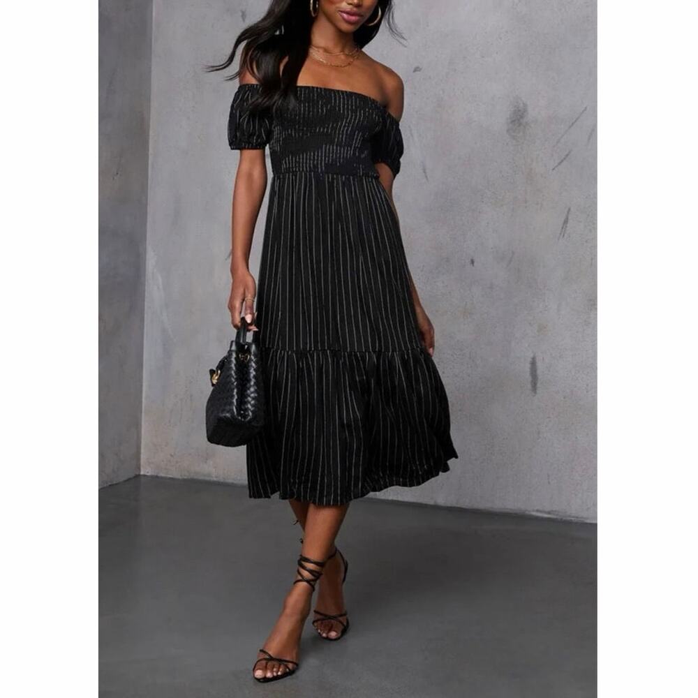 Jacquie The Label Linen Blend Smocked Midi Dress Black Stripe Puff Sleeve M